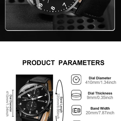 Jewellery  2pcs Black Round Quartz Watch With Leather Bracelet Men Business Watch Fashion Casual For Daily Sports