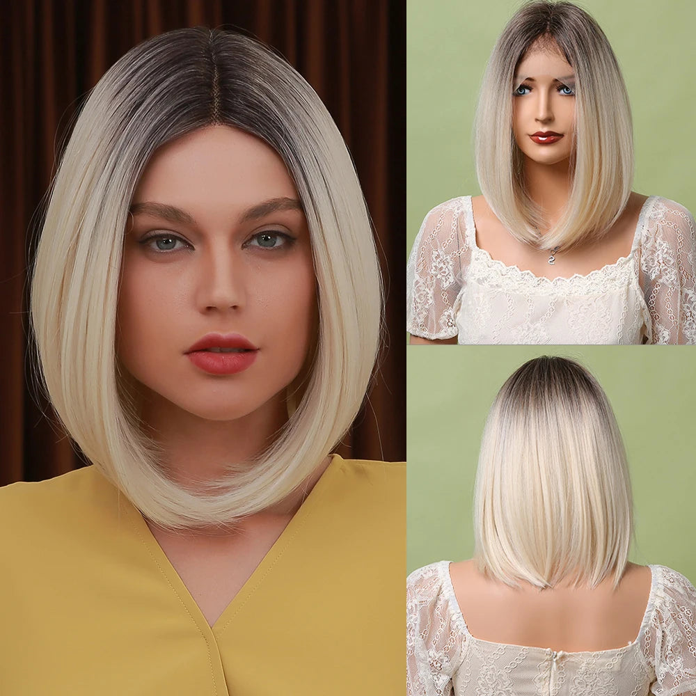 Crown & Glory Wigs   Brown Blonde Lace Front Wigs Short Straight Bob Synthetic Lace Frontal Wig with Baby Hair for Women Blunt Cut Natural Daily Hair