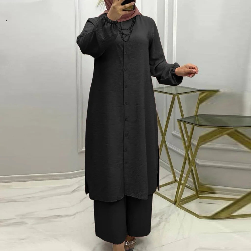 Muslim Family   Eid Muslim Set Women 2 Piece Shirt Blouses Wide Leg Pants Musulman Ensemble Dubai Casual Arab Ramadan Kaftan 2024 Outfit Suits