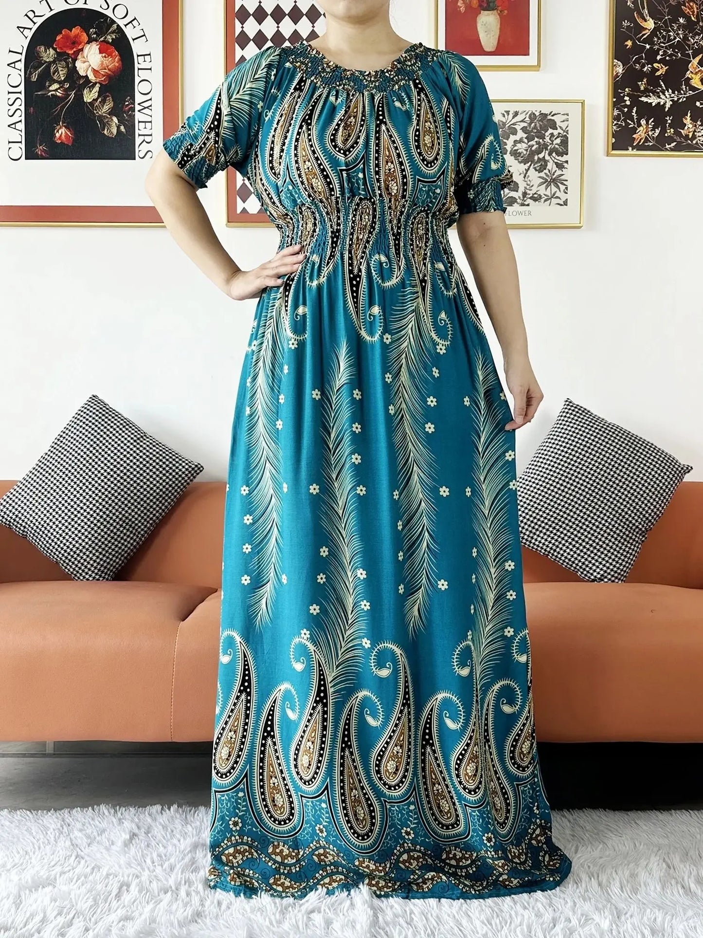 Muslim family   Women Party Dress Muslim Summer Short Sleeve Long Dress Collect Waist Floral Boubou Maxi Islam Women Dress African Abaya Clothes