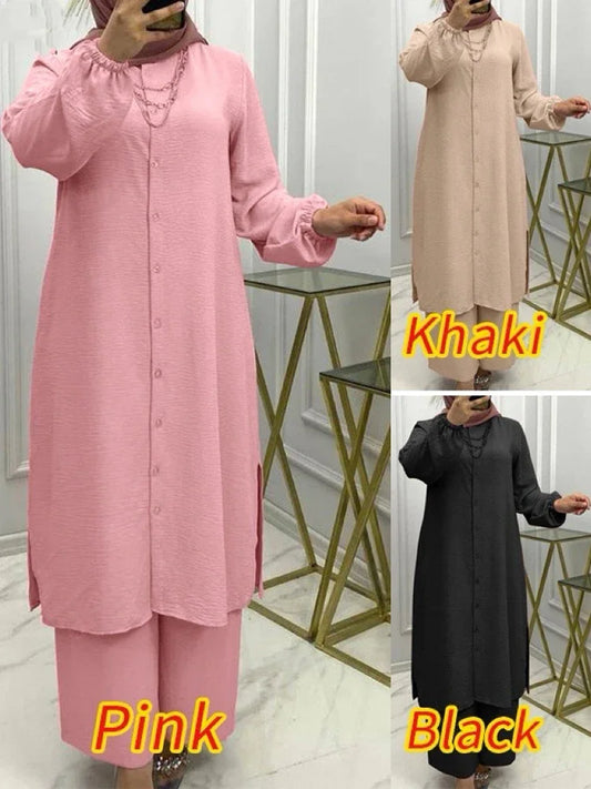 Muslim Family   Eid Muslim Set Women 2 Piece Shirt Blouses Wide Leg Pants Musulman Ensemble Dubai Casual Arab Ramadan Kaftan 2024 Outfit Suits