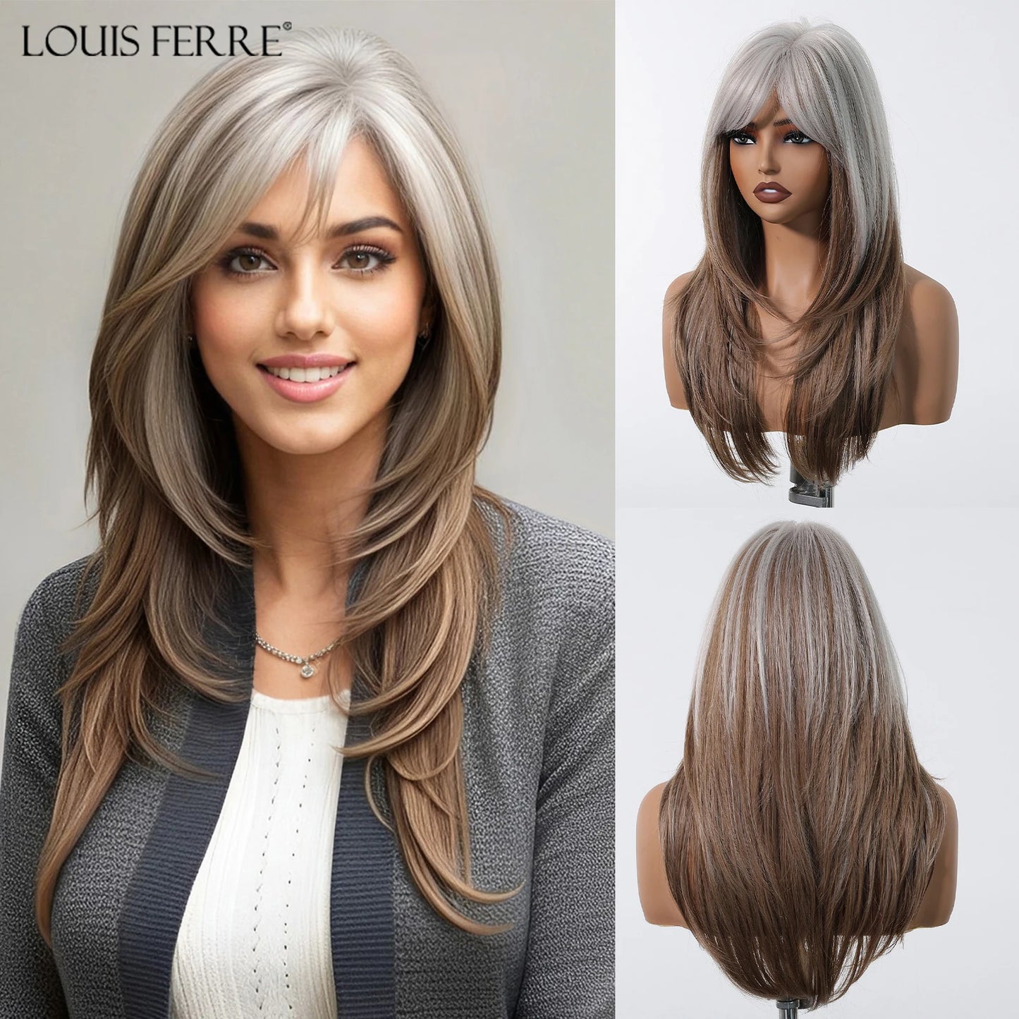 Crown & Glory Wigs  Grey White To Brown Ombre Synthetic Wigs Long Straight Layered Hair Wig For Women High Temperature Wig For Cosplay Daily Party