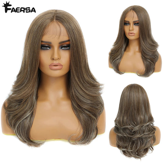 Crown & Glory Wigs T-Part Synthetic Lace Front Wigs Body Wave Highlight 13X4X1Female Lace Wig Omber Ginger Blonde Synthetic Wig with Baby Hair 22“