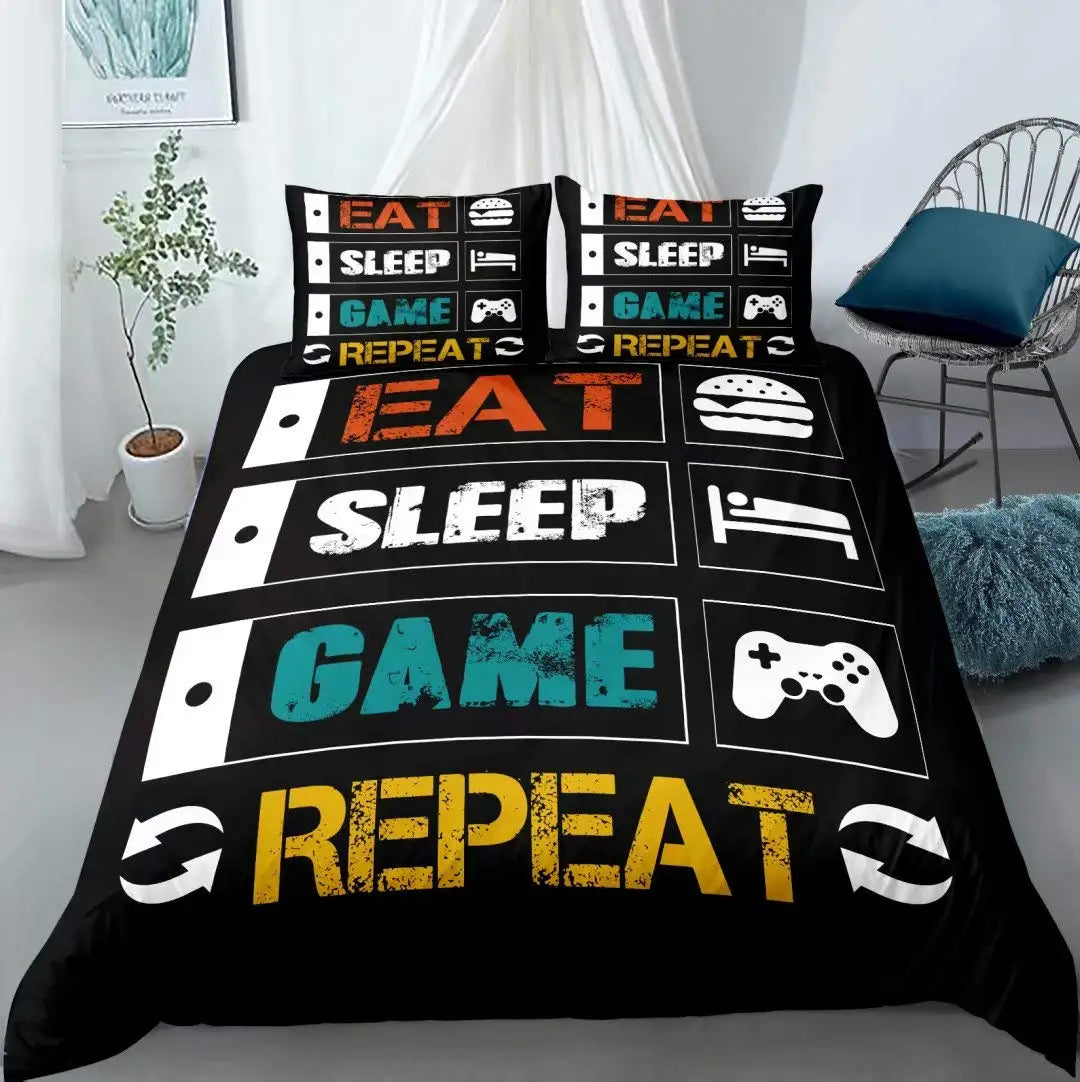 Bedroom  Teen Boys Gamer Duvet Cover Set Queen/King Size,Boys Gamepad Comforter Cover,Black Classic Retro Gaming Polyester Quilt Cover