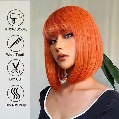 Crown & Glory Wigs Orange Short Bob Straight Synthetic Wigs with Bangs for White Women Afro Cosplay Christmas Hair Natural Daily Heat Resistant Wig