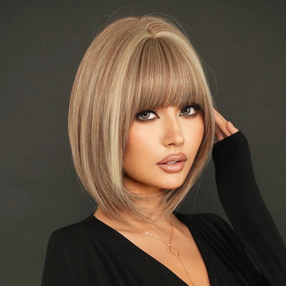 Crown & Glory Wigs NAMM Straight Light Brown Bob Wigs for Women Party Use With Neat Bangs Highlight Blonde High Density Synthetic Wig