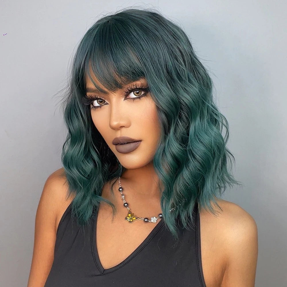 Crown & Glory Wigs  Short Bob Curly Wavy Green Synthetic Wigs with Bangs for Women Afro Cosplay Colorful Natural Hair Wig Halloween Heat Resistant