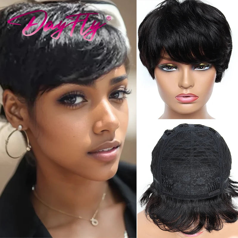 Crown & Glory Wigs Short Grey Wigs Highlight Pixie Cut Wig With Bangs Brazilian Hair Natural Wave Wigs Ombre P1B 30 44 34 Human Hair Wigs For Women