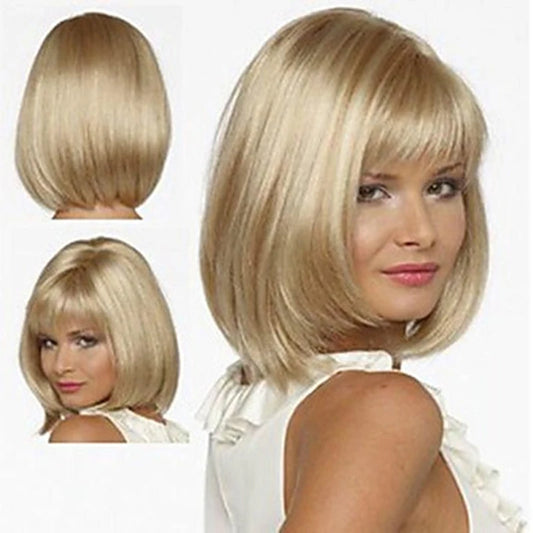 Crown & Glory Wigs HAIRJOY Women Synthetic  Wigs Short Straight Bob Hairstyle Blonde HighLights Hair Wig Heat Resistant Fiber