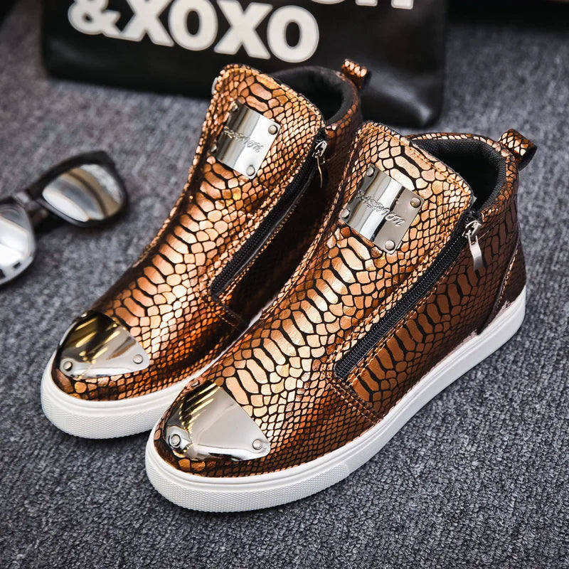 Men shoes  Hot Zipper High Top Sneakers Men Fashion Crocodile Leather Shoes For Men Luxury Golden Casual Sneakers Male Hip Hop Rock Shoes