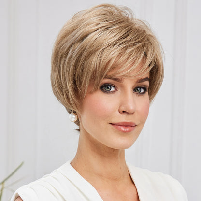 Crown & Glory Wigs Pixie Cut Short Bob Wigs with Bang Brown Blonde Layered Straight Kanekalon Synthetic Wig Human-hair Like Texture Natural Daily