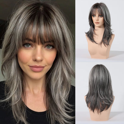 Crown & Glory WigsHENRY MARGU Grey Layered Synthetic Natural Wig Medium Length Straight Wig with Bangs for Women Daily Party Wigs Heat Resistant