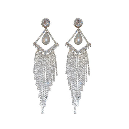 Jewellery   Geometric Hollow Pearl Long Tassel Drop Earrings for Women Silver Gold Color Rhinestone Earring Party Wedding Jewelry