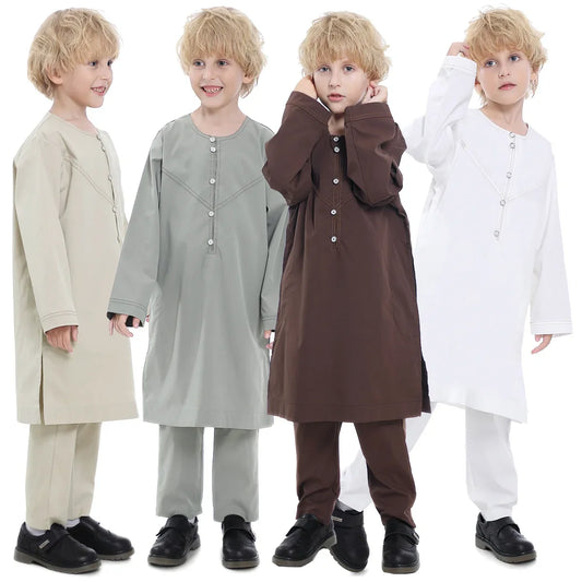 Muslim family    Muslim Kids Jubba Thobe Arab Boy Thobe Children Abaya Ramadan Dress Pant Set 2 Piece Caftan Robe Kaftan Musulman Ensembles