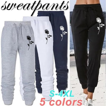 Woman clothing   Rose Printed Loose Long  Casual Fleece Sweatpants