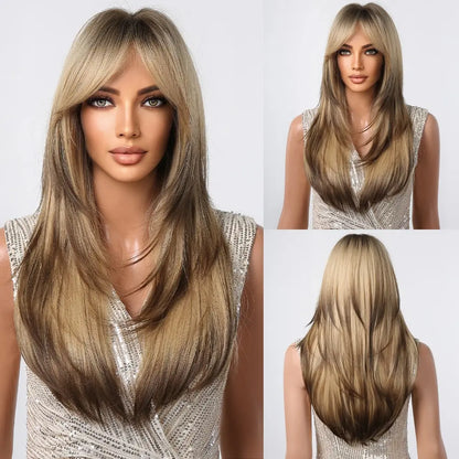 Crown & Glory Wigs  Brown to Light Ash Brown Blonde Wigs with Bangs Layered Synthetic Wigs for Women Long Natural Hair Cospay Party