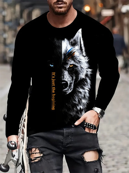 Men clothing Street Fashion Men's Long Sleeve T-shirt  Wolf Print