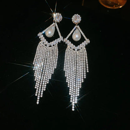 Jewellery   Geometric Hollow Pearl Long Tassel Drop Earrings for Women Silver Gold Color Rhinestone Earring Party Wedding Jewelry