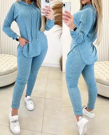 Woman clothing  2 Piece Set Women Outfit 2024 Spring Fashion Hem Slit Long Sleeve Hooded Sweatshirt & Casual Pocket Design High Waist Pants Set