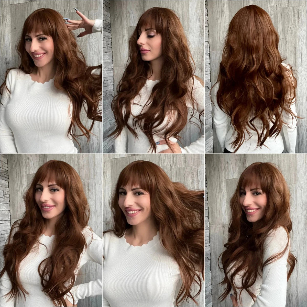 Crown & Glory Wigs  Long Wavy Chocolate Brown Synthetic Wigs for Women Natural Wave Curly Women Wigs With Bangs Daily Party Heat Resistant Fiber Wig