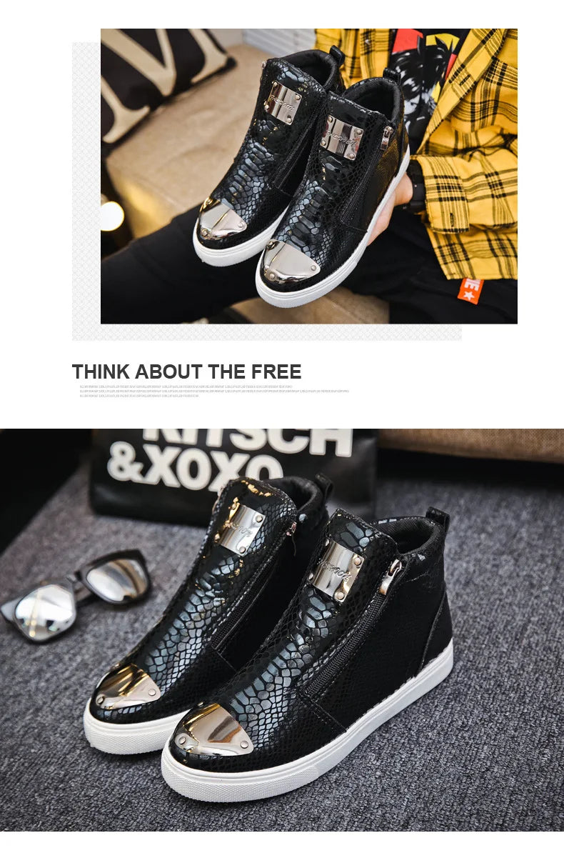 Men shoes  Hot Zipper High Top Sneakers Men Fashion Crocodile Leather Shoes For Men Luxury Golden Casual Sneakers Male Hip Hop Rock Shoes