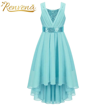 Girl clothing Children Flower Girls Dress Sleeveless Sequin Hi-low Hem Prom Gown Elegant Chiffon Princess Birthday Formal Wedding Party Dress