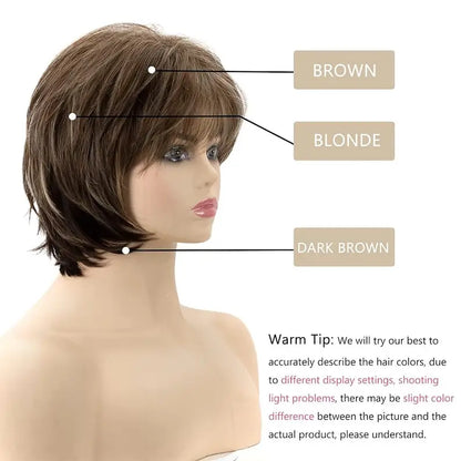 Crown & Glory Wigs Short Brown Pixie Cut Wigs with Bangs Straight Synthetic Hair Wig Ombre Blonde Wig Headband Cosplay Wig