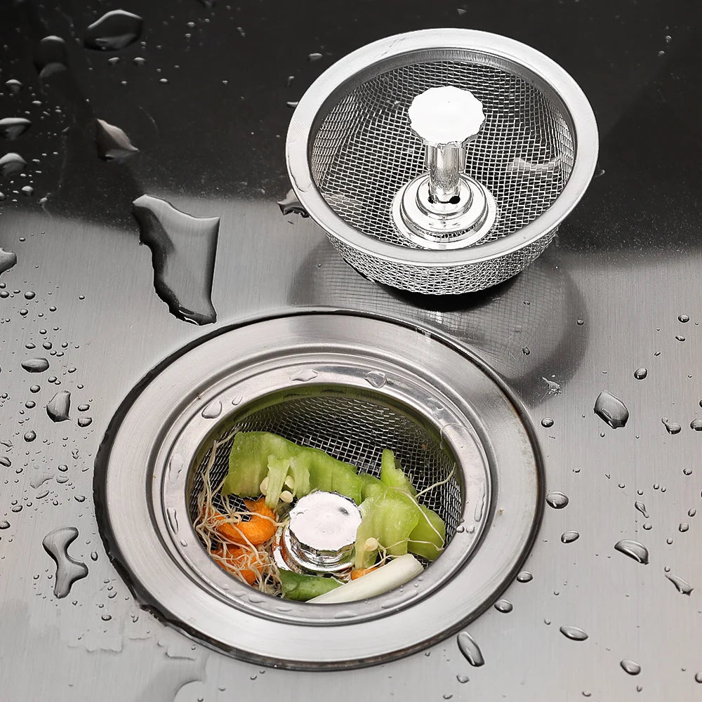 kitchen  Wholesale Kitchen Sink Strainers with Handle Stopper Sink Drain Basket Stainless Steel Mesh Filter Waste Hole Trap Strainer