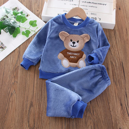 Girl clothing Bear Leader Girls Sets Winter Flannel Homewear Set Long-sleeved Bear Patch Cloth Hoodie Pants Autumn and Winter Warm Boy 2pc Set