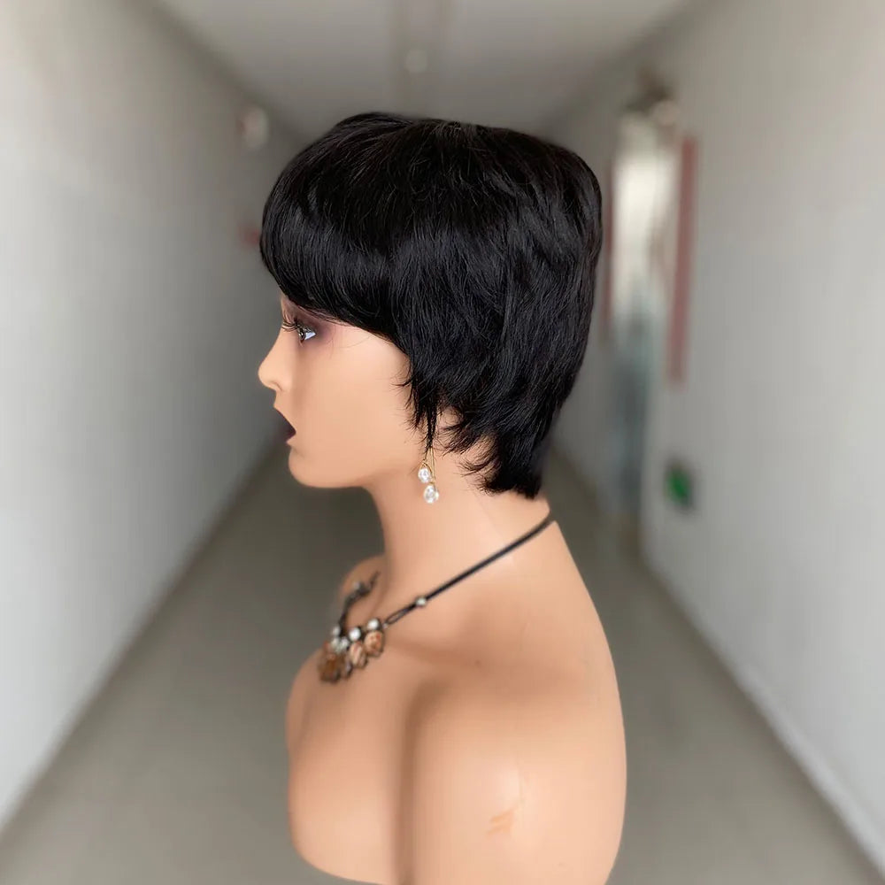 Crown & Glory Wigs  Short Pixie Cut Wig Human Hair Ready to Wear Brazilian Human Hair Wigs for Women Black Color Full Machine Short Straight Wigs