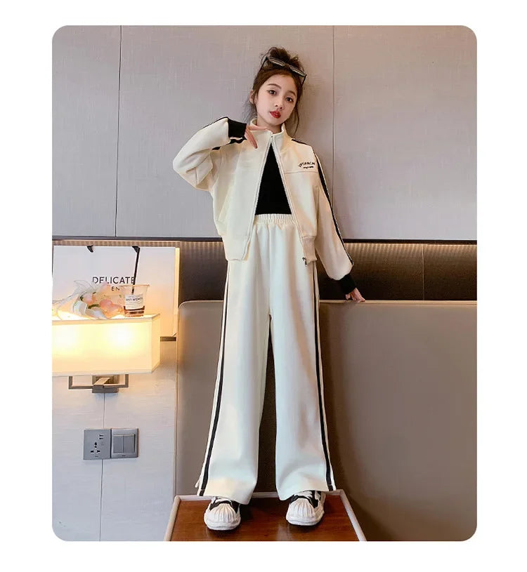 Girl clothing    Korean Spring Autumn Children Girl Sports Suit Teenager Girl Zipper Sweat Jackets+Wide-leg Sweatpants Junior Girl Tracksuit