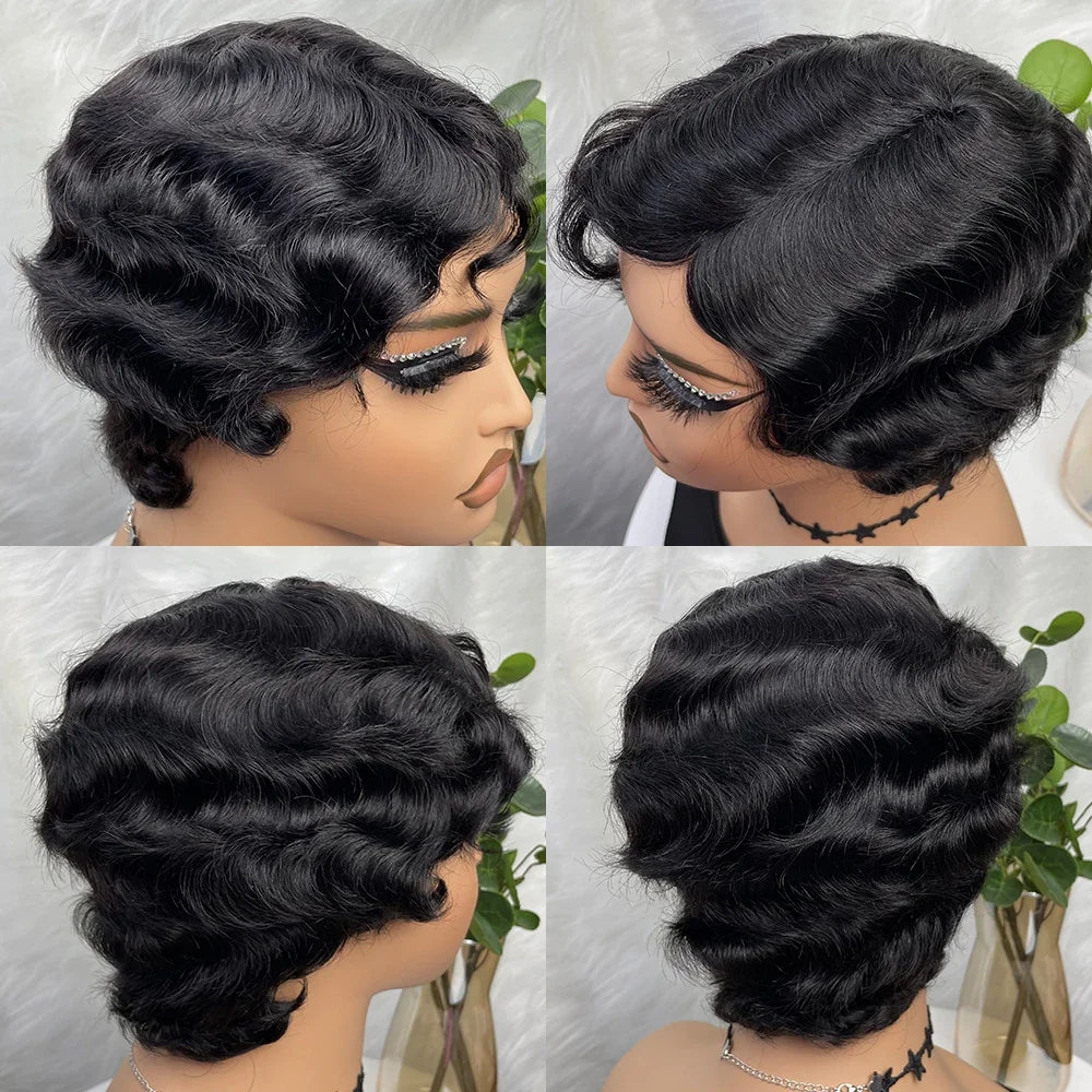 Crown & Glory Wigs  Short Finger Wavy Wig Full Machine Made Curly Black Cute Nuna Wig African Black Wigs for Women Mommy Wig Short Pixie Cut Wigs