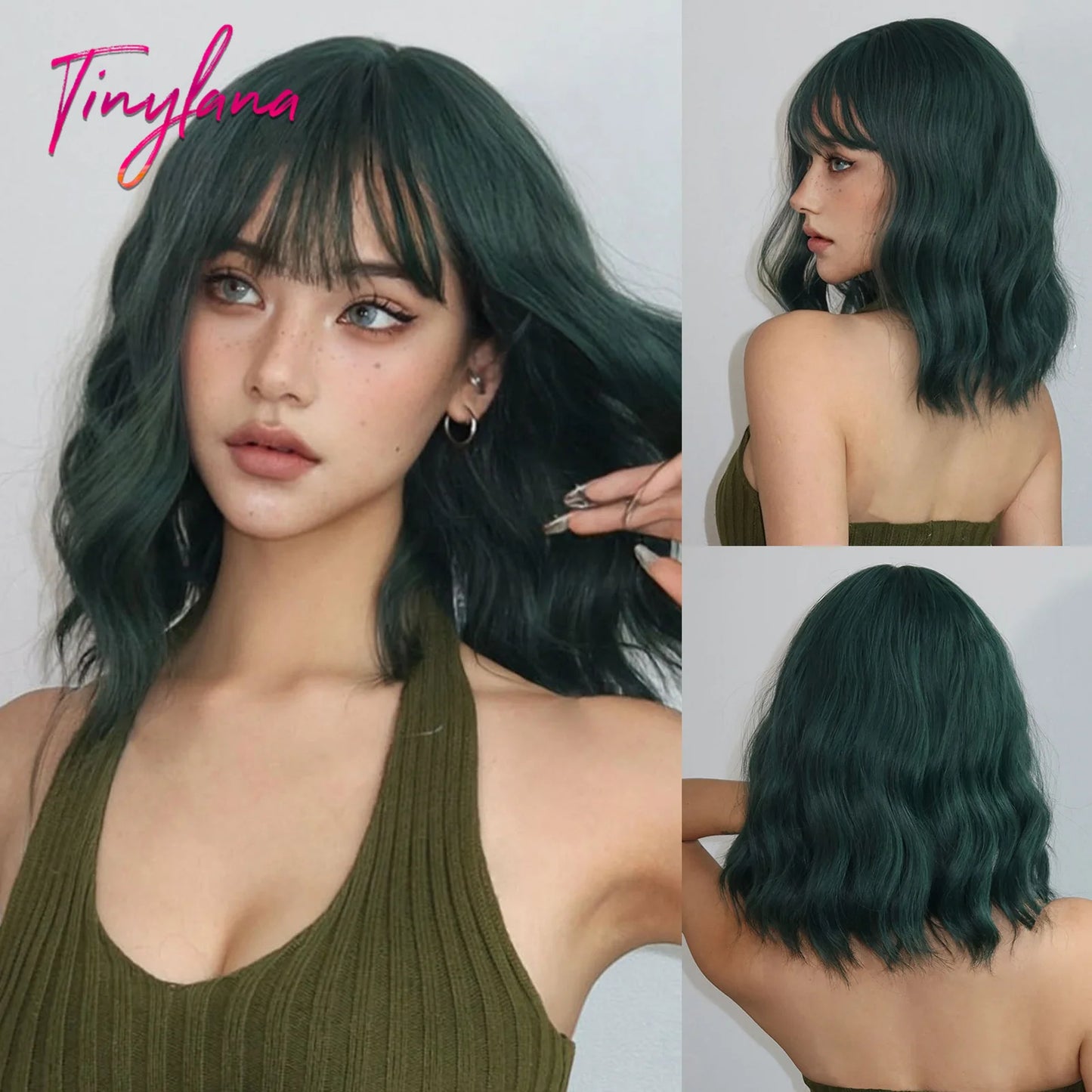 Crown & Glory Wigs  Short Bob Curly Wavy Green Synthetic Wigs with Bangs for Women Afro Cosplay Colorful Natural Hair Wig Halloween Heat Resistant