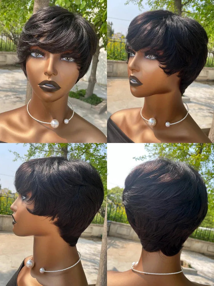 Crown & Glory Wigs Sale Short Pixie Cut Remy Human Hair Wigs Straight Natural Color Full Machine Made Bob Wig With Bangs