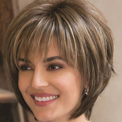 Crown & Glory Wigs Short Brown Pixie Cut Wigs with Bangs Straight Synthetic Hair Wig Ombre Blonde Wig Headband Cosplay Wig