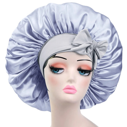 Style & Shine Hair  Satin Solid  Silky Bonnets With Long Tie Bands Elastic Shower Cap Adjustable