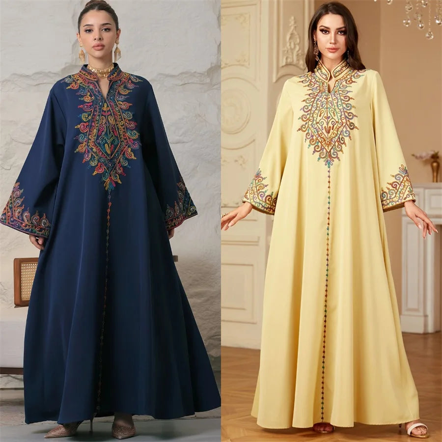 Muslim family   Siskakia Embroidery V-Neck Long Dress Dubai Arab Abaya For Muslim Woman Loose Moroccan Saudi Ethnic Jalabiya Fashion Robe 2024