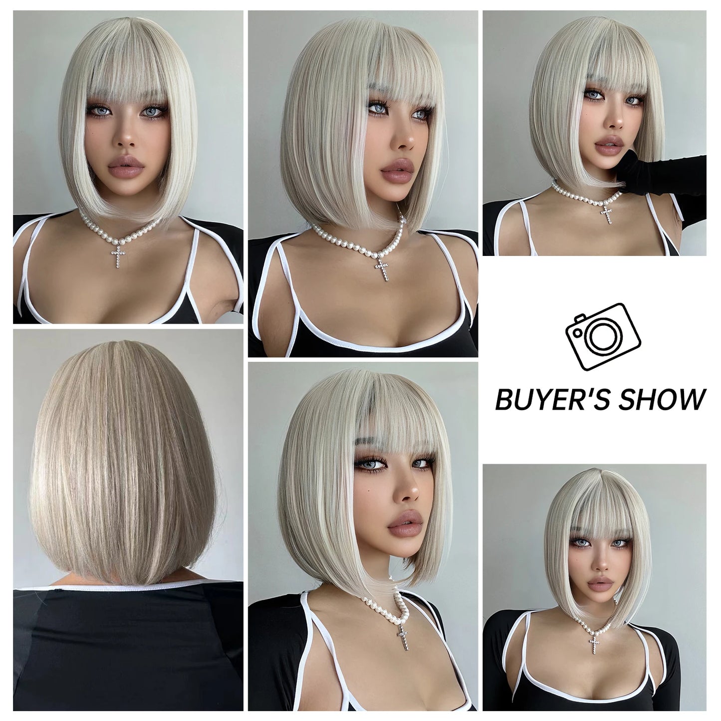 Crown & Glory Wigs   Short Straight Platinum Blonde Synthetic Wig with Bangs Cosplay Party Rice White Bob Hair Wigs for Women Heat Resistant Fibre