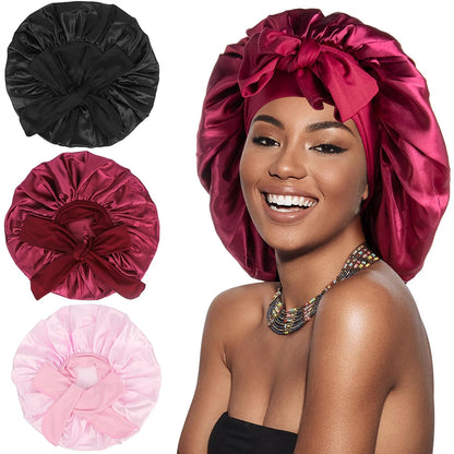 Style & Shine Hair  Satin Solid  Silky Bonnets With Long Tie Bands Elastic Shower Cap Adjustable