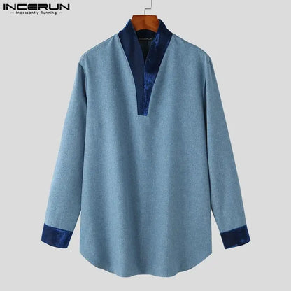 Muslim family   INCERUN Tops 2024 Muslim Style Hot Sale Mens Shirts Muslim Dual Color Patchwork Design Standing Collar Long Sleeved Blouse S-5XL