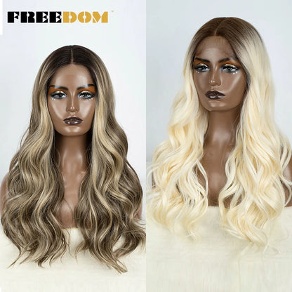 Crown & Glory Wigs   FREEDOM Synthetic Lace Front Wigs For Women Body Wave 24 Inch Wavy Wig Ombre Brown Blonde Pink Lace Wig White Cosplay Wig