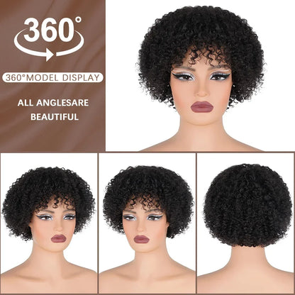 Crown & Glory Wigs 10 Inch Afro Kinky Curly Bob Wig With Bangs Curly Pixie Cut Glueless Wigs Machine Made Brazilian Human Hair Wigs For Black Women