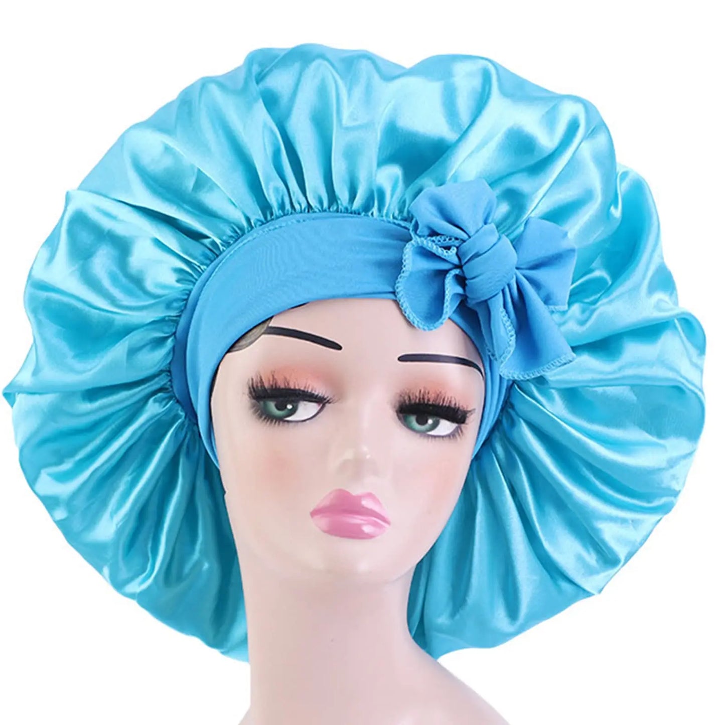 Style & Shine Hair  Satin Solid  Silky Bonnets With Long Tie Bands Elastic Shower Cap Adjustable