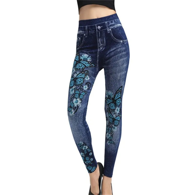 Woman clothing   INDJXND High Waist Lace Leggings Women Ladies Floral Side Hollow Out Patchwork Workout Pants Push Up Elasticity Faux Denim Jean