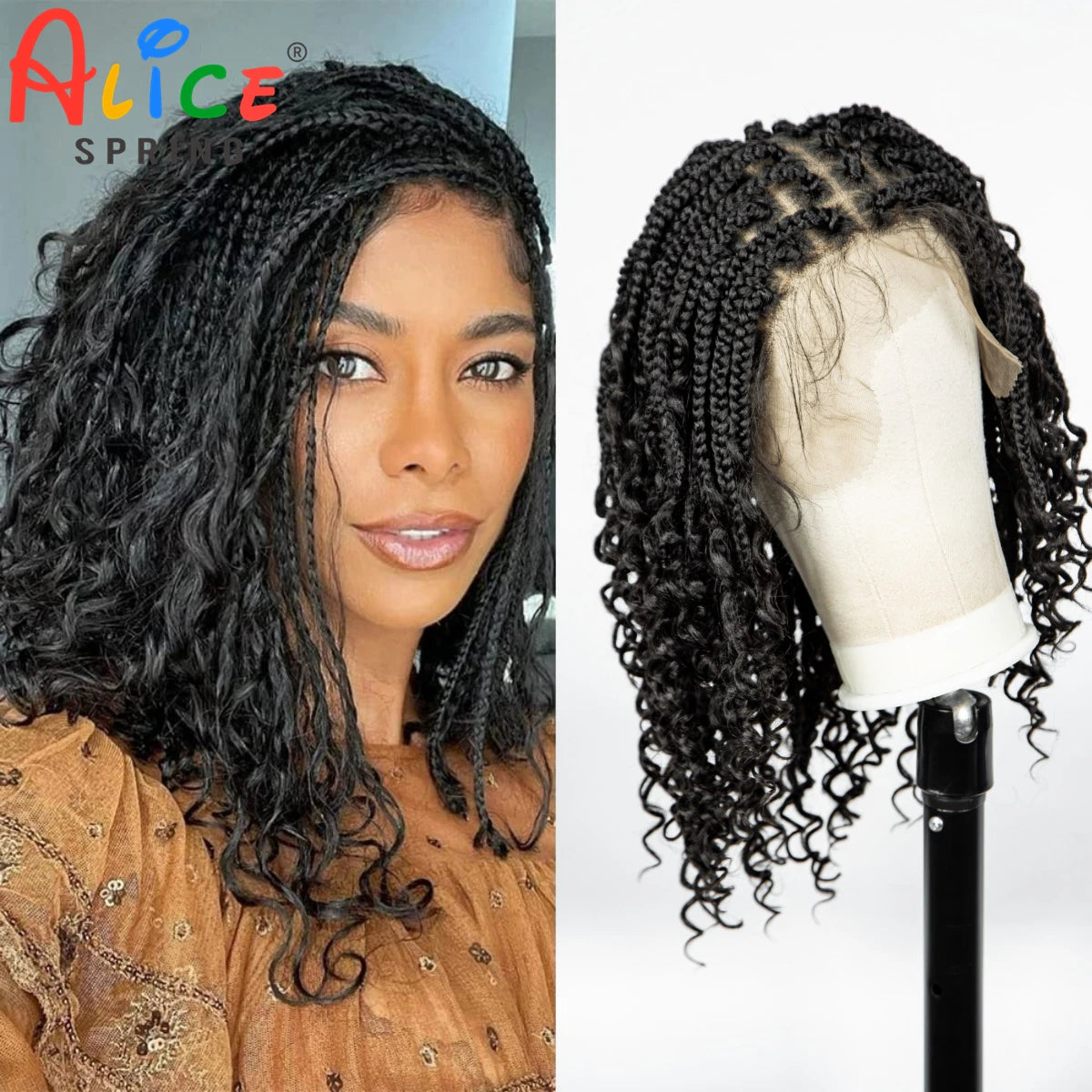 Crown & Glory Wigs  Full Lace Braided Lace Wigs Synthetic Knotless Box Braided Lace Wig with Curly Ends for Black Women Kinky Curly Braided Bob Wig