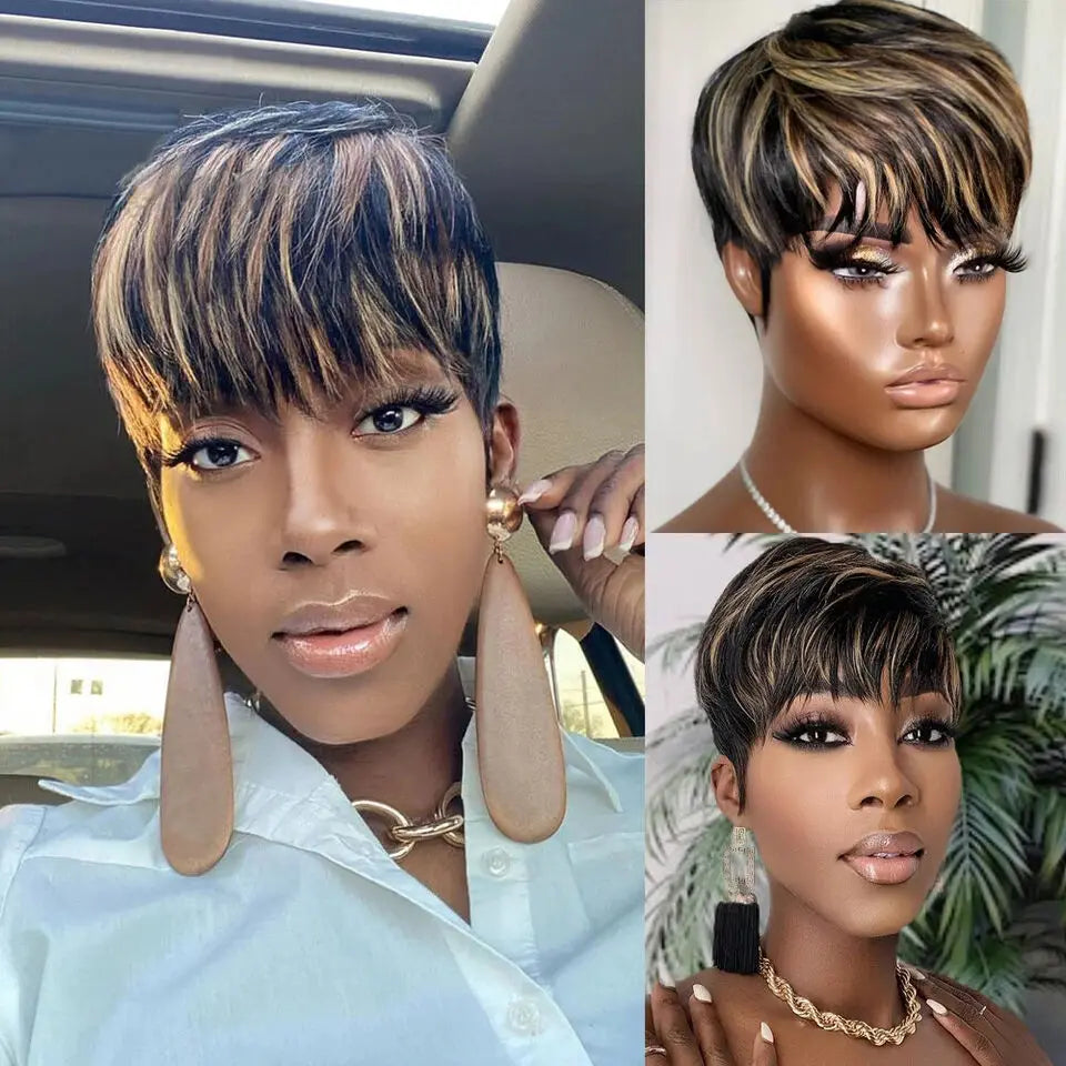 Crown & Glory Wigs  WIGERA Highlight Synthetic Short Straight Pixie Cut Hair Bob Wig Ombre Honey Blonde Mix Black Bronw Layered Hair Wigs For Woman