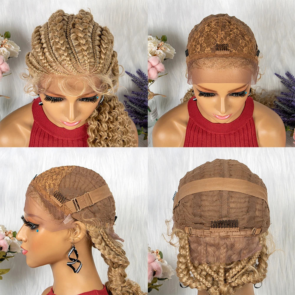 Crown & Glory Wigs  28 Inch Blonde Colour Synthetic Lace Front Braided Wigs for Black Women Crochets Braids Hair Wig Pre Plucked with Baby Hair