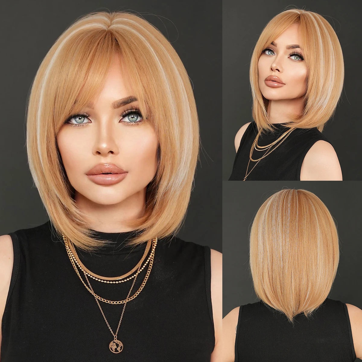 Crown & Glory Wigs NAMM Straight Light Brown Bob Wigs for Women Party Use With Neat Bangs Highlight Blonde High Density Synthetic Wig