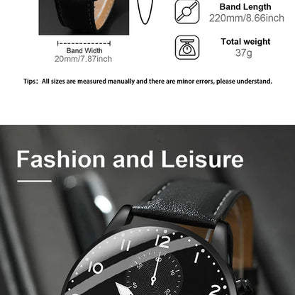 Jewellery  2pcs Black Round Quartz Watch With Leather Bracelet Men Business Watch Fashion Casual For Daily Sports