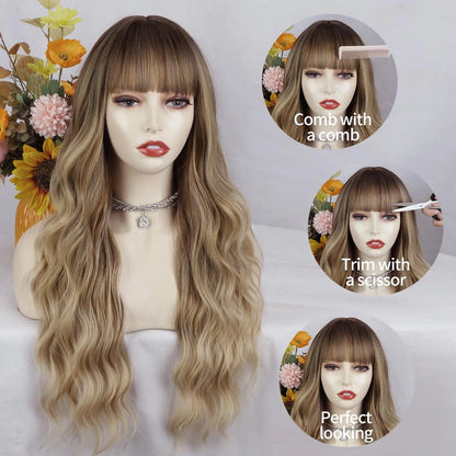 Crown & Glory Wigs Ombre Blonde Women Stylish Long Natural Wave wig  Synthetic Wigs heat-resistant fiber Glamorous Silky  Dark Root